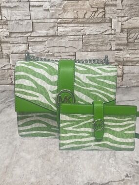 Michael Kors Greenwich Jungle Green Zebra Print Crossbody & Matching Wallet